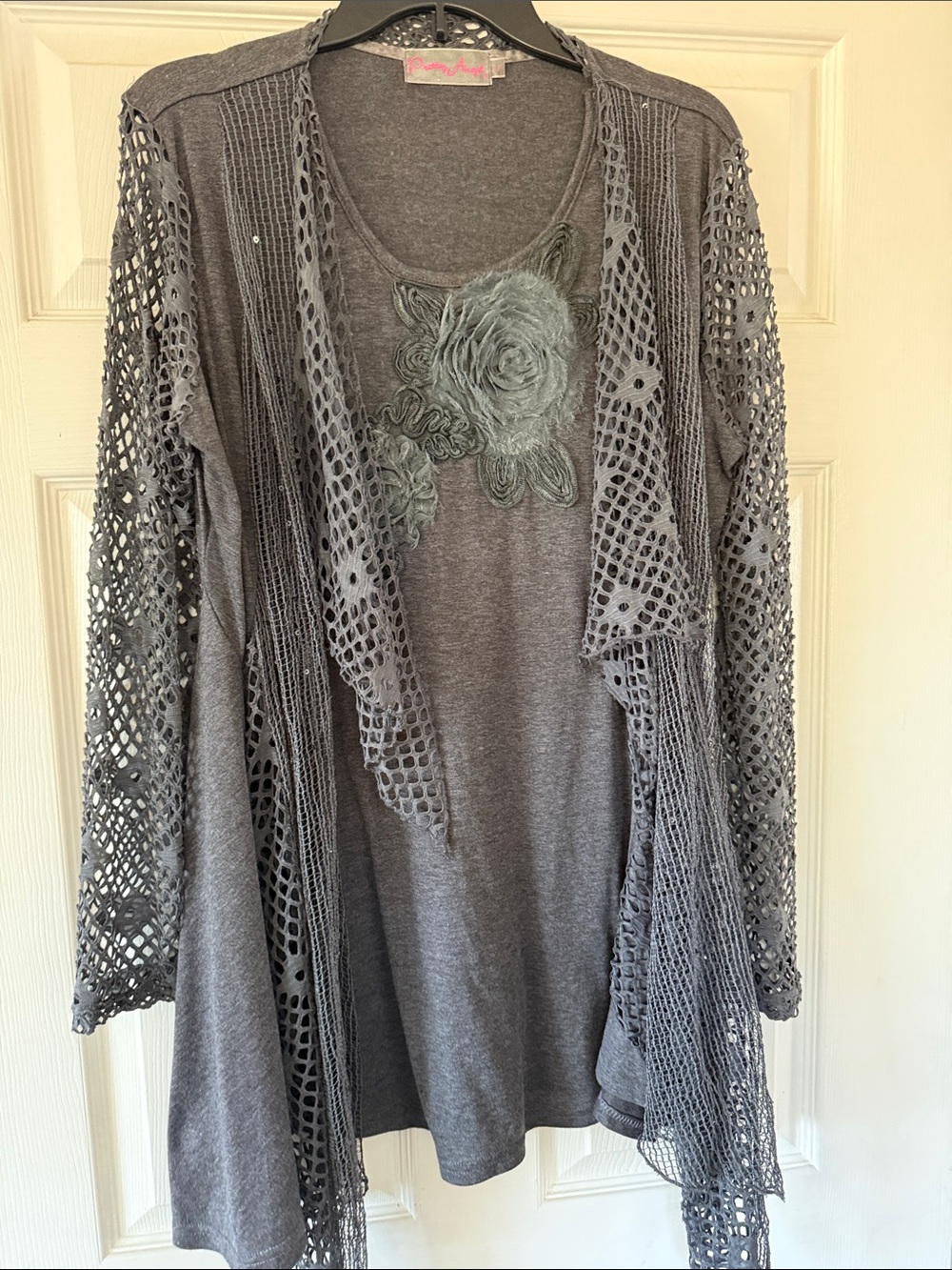 Pretty Angel Gray Crochet-Accent Open Front Cardigan